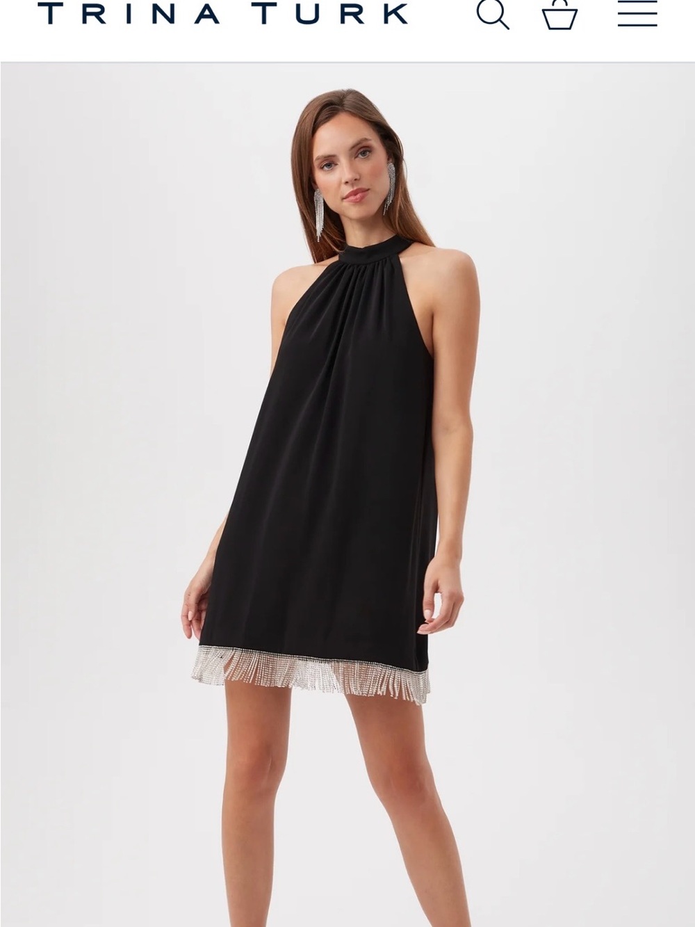 Trina Turk Black Halter Mini Dress with Rhinestone Fringe